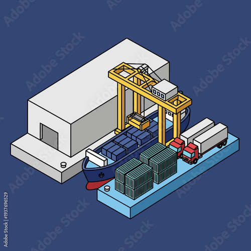 Isometric illustration of a warehouse with cargo ship and trucks.