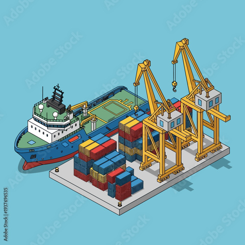 Isometric illustration of a cargo ship docked at a container terminal with cranes loading cargo.