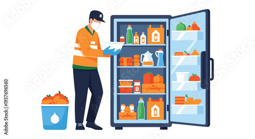 Warehouse worker stocking fresh groceries in open refrigerator with healthy food and drinks