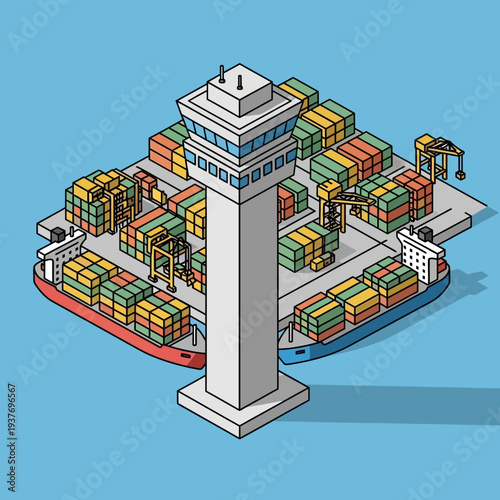 Isometric illustration of a cargo ship with containers and a control tower.