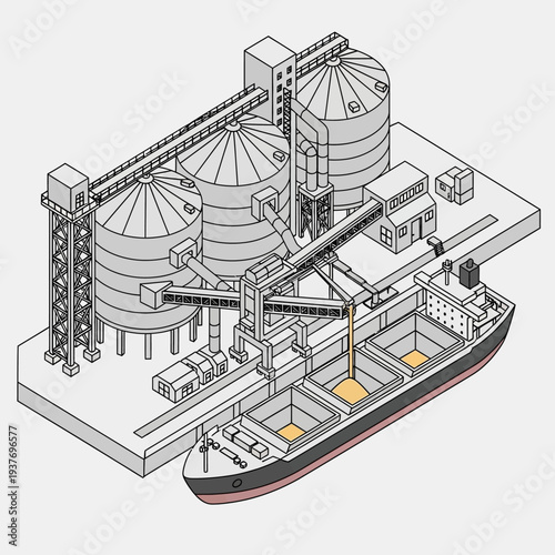 Isometric illustration of a grain storage facility with silos and a docked cargo ship.
