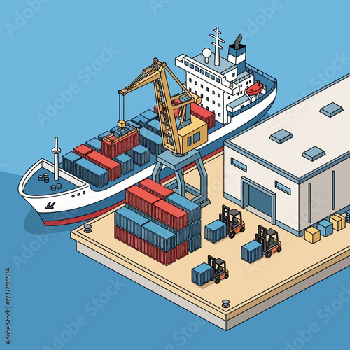 Isometric illustration of cargo ship unloading containers at a dockyard with cranes and warehouse.