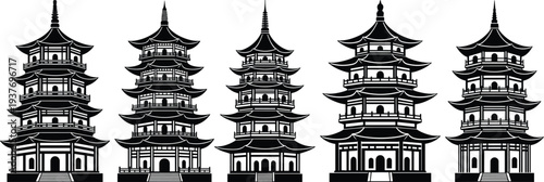 Asian pagoda temple silhouette collection featuring traditional multi tier oriental architecture towers isolated set representing Chinese and Japanese cultural landmark buildings illustration