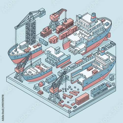 Isometric illustration of a busy shipping port with cargo ships and cranes.