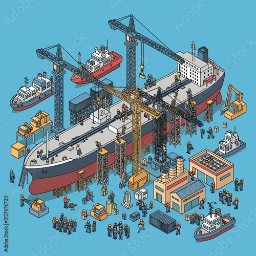 Isometric illustration of a shipyard with cranes and workers building a large vessel.