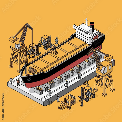 Isometric illustration of a cargo ship under construction in a dry dock.