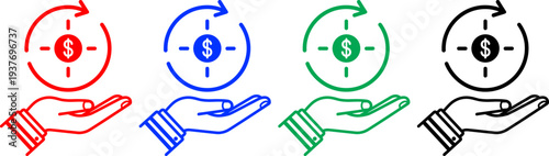 Four hands holding a dollar symbol with circular arrows in red, blue, green, and black