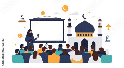 Diverse business team attending corporate training seminar with presenter and projector screen in modern office