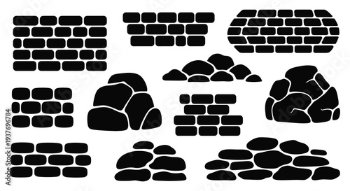 A collection of black stone or rock formations depicted in a striking minimalist silhouette high quality professional detailed