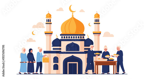 Muslim family celebrating Ramadan at mosque with lanterns and crescent moon illustration