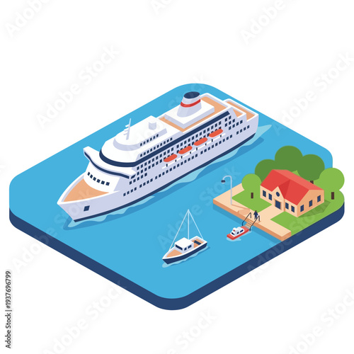 Isometric illustration of a cruise ship docked near a coastal house with smaller boats.