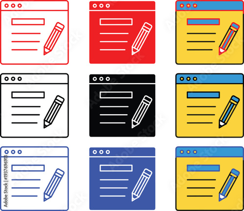 Website content creation icons set with browser window pencil and text lines in various color styles
