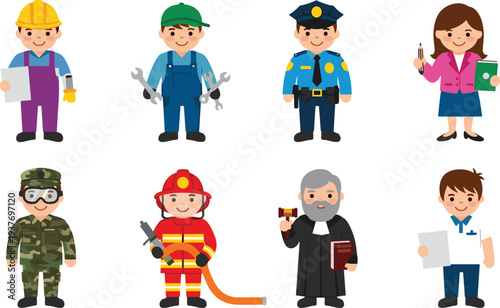 Cartoon professional workers set including engineer, mechanic, police officer, teacher, soldier, firefighter, judge and office worker characters representing different occupations and careers