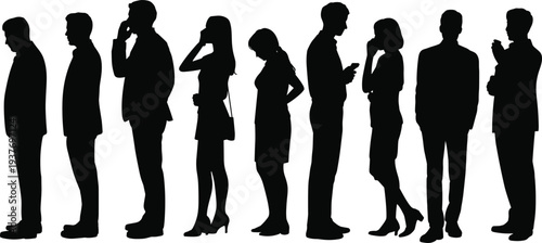 Business people silhouette collection, corporate team standing poses, professional men and women figures, black vector isolated illustration