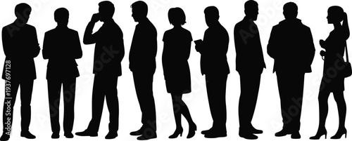 Business professionals silhouette set, corporate team standing collection, office men and women figures, black vector isolated illustration