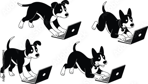 Dog using laptop illustration set, cute puppy working on computer, funny animal technology concept, black and white vector design