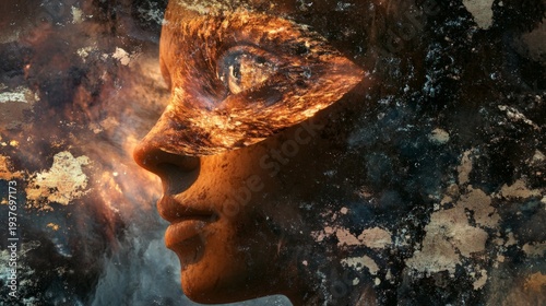 A surreal portrait of a woman's face with a textured and abstract background, resembling a fiery landscape or cosmic sky.