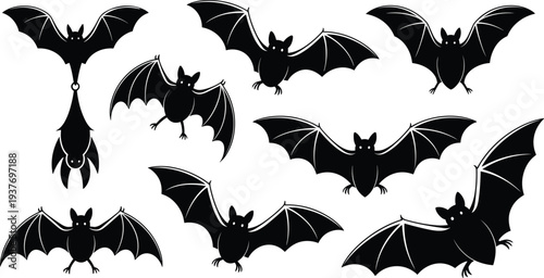 Flying bat silhouette collection, halloween spooky animal set, dark nocturnal creature illustration, black vector isolated design
