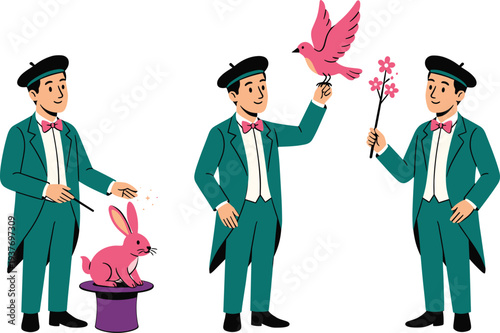 Magician performing magic tricks illustration, stage illusionist with rabbit dove and flowers, entertainment show concept, colorful flat vector design