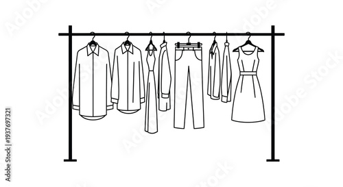 A minimalist black and white line drawing depicts clothes hanging on a rack showcasing a striking silhouette