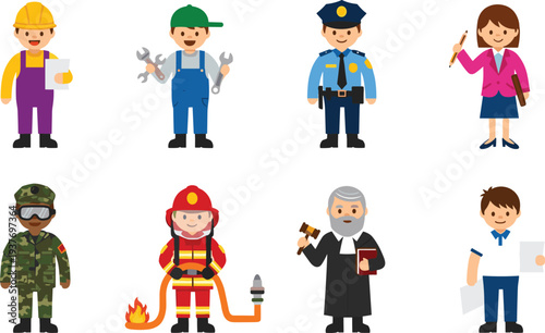 Cartoon professions characters set with builder, mechanic, police officer, teacher, soldier, firefighter, judge and office worker, diverse jobs illustration isolated on white