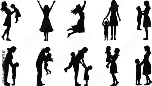 Mother and child silhouette collection, family love parenting concept, happy mom with kids poses, black vector isolated illustration set