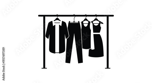 A minimalist depiction of clothing hanging on a rack presented as a bold silhouette high quality professional detailed