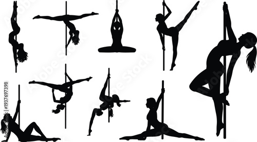 Pole dance silhouette collection, athletic female fitness poses, sensual performance art concept, black vector isolated illustration set