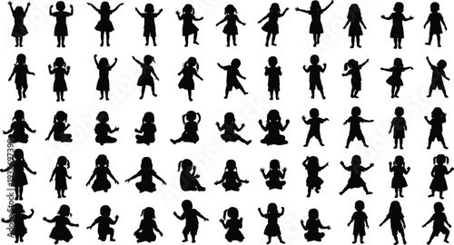 Large collection of happy children silhouettes including little boys and girls playing jumping sitting and dancing together isolated on white background for diverse group projects.