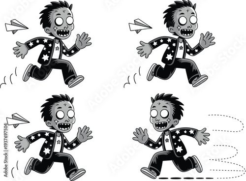Running zombie cartoon character set, spooky halloween horror illustration, creepy undead kid design, black and white vector collection