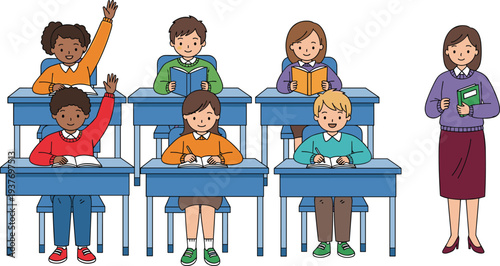 Classroom students sitting at desks reading books and writing while teacher stands nearby, colorful cartoon illustration representing school education, learning environment 
