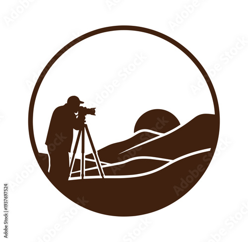 photographer taking picture of landscape with mountains and sunset  man with camera on tripod
