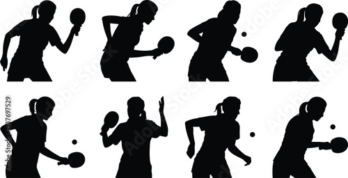 Table tennis player silhouettes collection, female ping pong action poses, sport competition concept, black vector isolated illustration