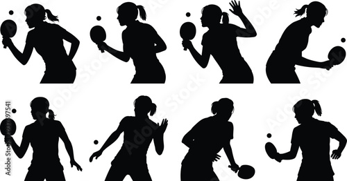 Table tennis player silhouette set, female ping pong action poses, sport activity collection, black vector isolated illustration