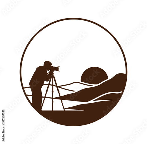 photographer taking picture of landscape with mountains and sunset  man on tripod