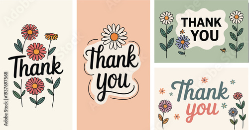 Floral thank you cards with retro daisy illustrations.
