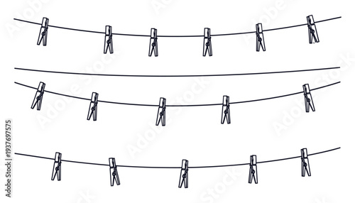 Clothesline with clothespins line art laundry drying rope illustration