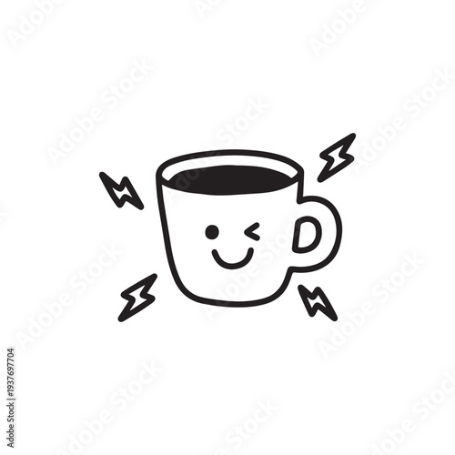 A Cute Animated Coffee Cup Character Winking Happily With Energetic Lightning Bolt Accents. 
