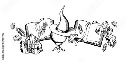 A graphic illustration on the theme of magic and wizardry, depicting a magic ball, a book, and crystals. Vector illustration for children's design and creativity.