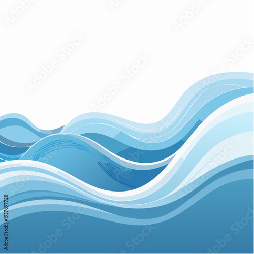 Abstract blue water waves flowing smoothly across a pristine white background, creating a serene and dynamic aquatic design element with graceful curves