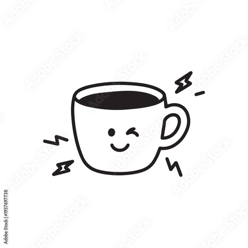 A Cute Animated Coffee Cup Character Winking Happily With Energetic Lightning Bolt Accents. 