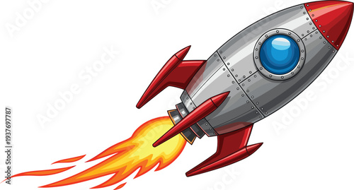 Cartoon spaceship rocket launching into space with fire flame trail isolated on white background for science fiction technology travel and childhood discovery concepts.