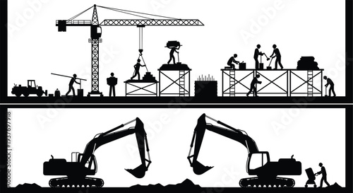 Construction workers and heavy machinery silhouettes with tower crane and excavators building structure, industrial engineering activity and infrastructure development illustration isolated on white