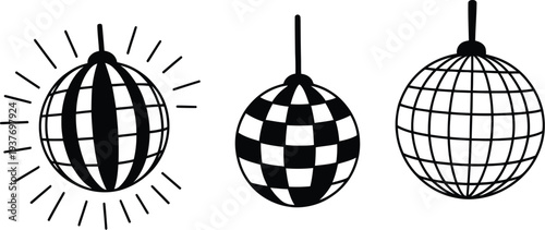 Disco ball vector icons with music notes and starburst effects