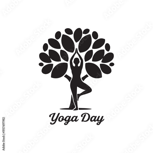 International Yoga Day Silhouette Featuring Tree Pose Harmony and Zen Nature Leaf Design.
