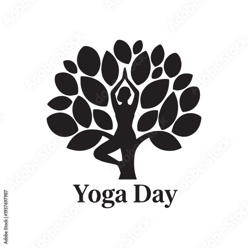 International Yoga Day Silhouette Featuring Tree Pose Harmony and Zen Nature Leaf Design.