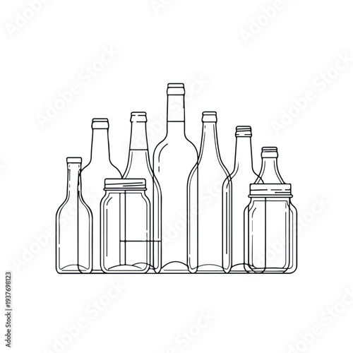 Collection of empty glass bottles in various shapes and sizes