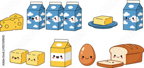 Cute cartoon dairy food collection with milk cartons, cheese, butter, egg and bread characters, funny kawaii breakfast ingredients illustration isolated on white background