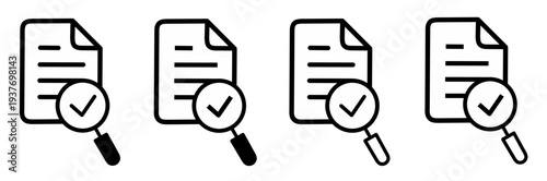 Review document icon set. Audit icon set. Magnifying glass with a checkmark, symbolizing verified data, audit, and research