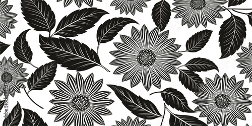 Elegant Seamless Black and White Floral Pattern Featuring Hand Drawn Sunflower Blossoms and Detailed Leaf Motifs for Elegant Textile Wallpaper and Stationery Background Designs
